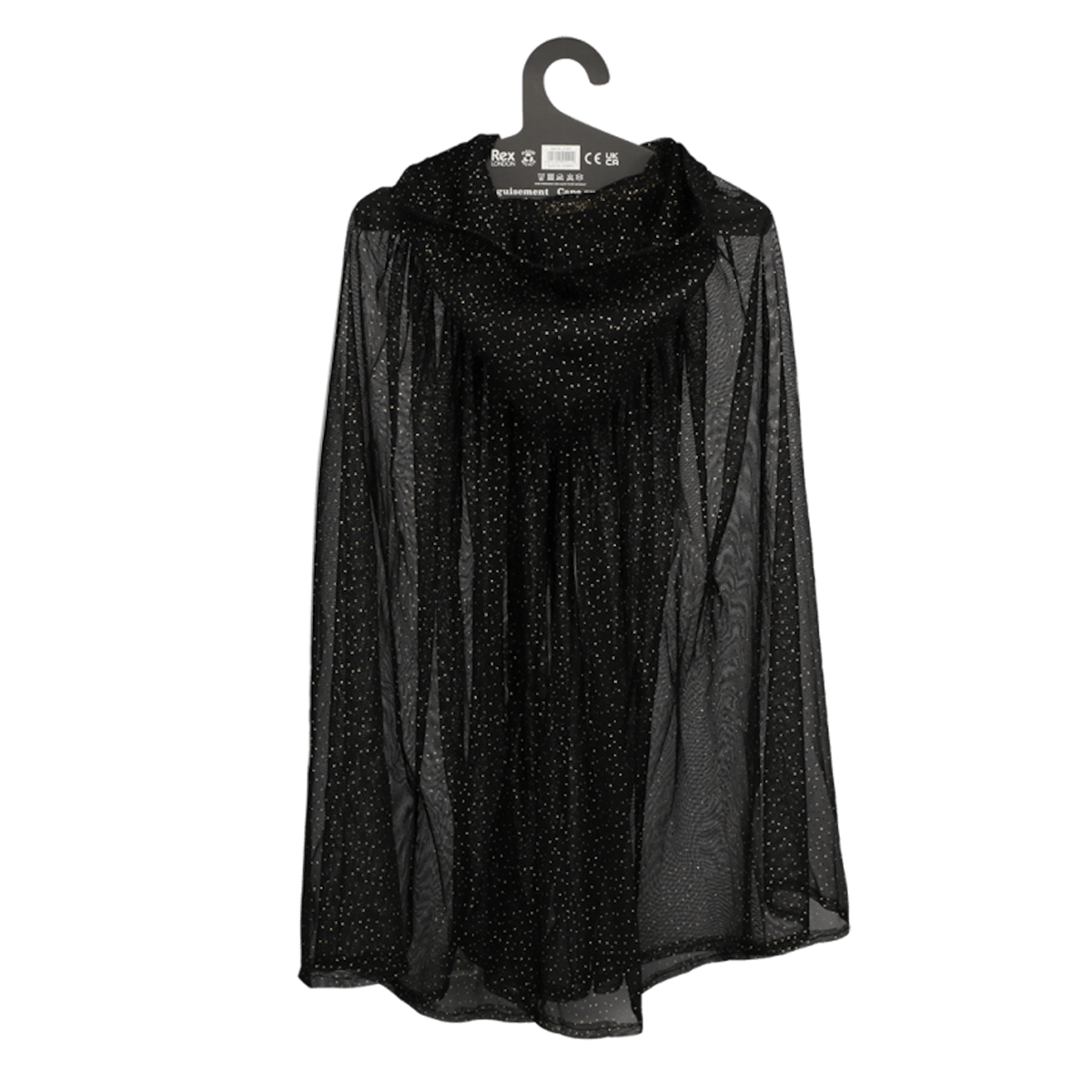 Back view of the black sheer glittery dress-up cape on a black hanger.