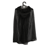 Back view of the black sheer glittery dress-up cape on a black hanger.