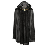 Black hooded dress-up cape made of sheer glittery fabric with a gold star clasp.