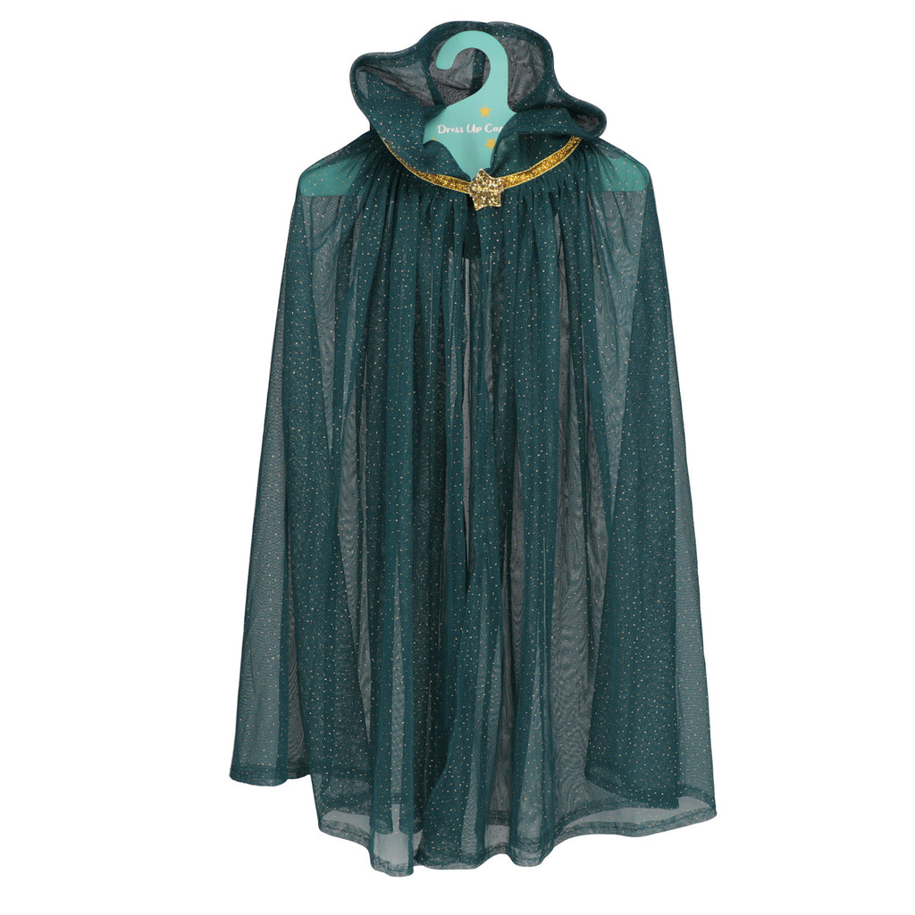 A shimmering dark green cape with a high collar hangs on a hanger. It features gold edging and a gold clasp, exuding an elegant and mystical vibe.
