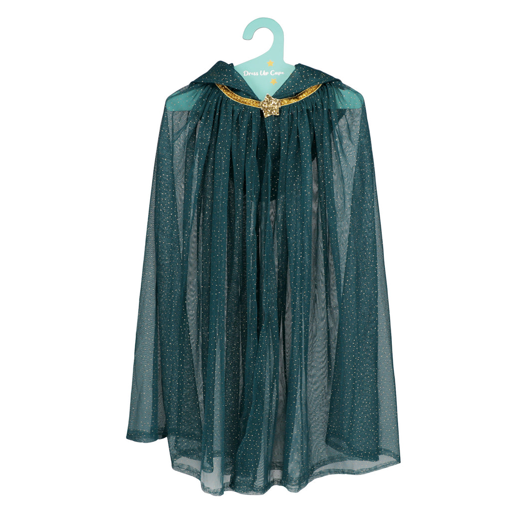 A shimmering dark green cape with a high collar hangs on a hanger. It features gold edging and a gold clasp, exuding an elegant and mystical vibe.
