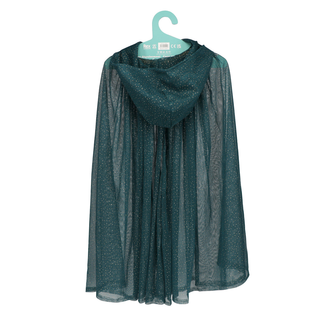 A shimmering dark green cape with a high collar hangs on a hanger. It features gold edging and a gold clasp, exuding an elegant and mystical vibe.