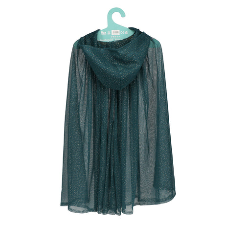 Sheer dark teal glittery children's cape with a hood hanging on a teal plastic hanger.