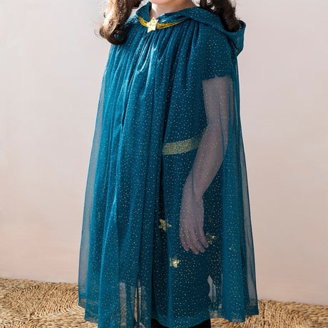 Child wearing a teal blue glittery hooded cape with a gold star clasp for dress-up play.