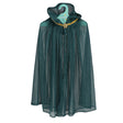 Childrens sheer teal blue glitter dress up cape with a hood and gold star closure on a hanger.
