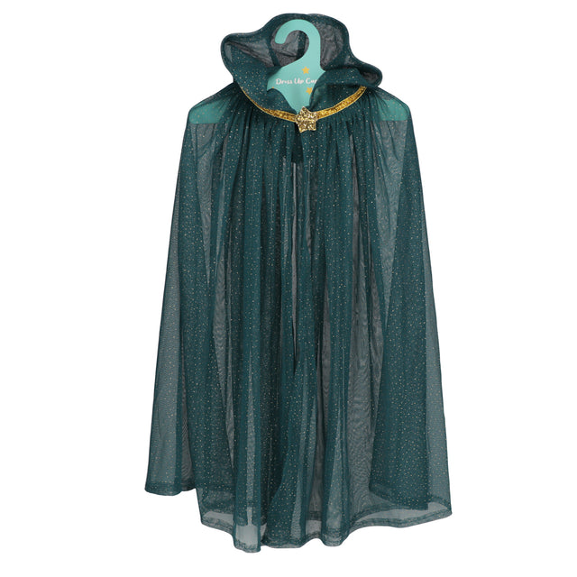 Childrens sheer teal blue glitter dress up cape with a hood and gold star closure on a hanger.