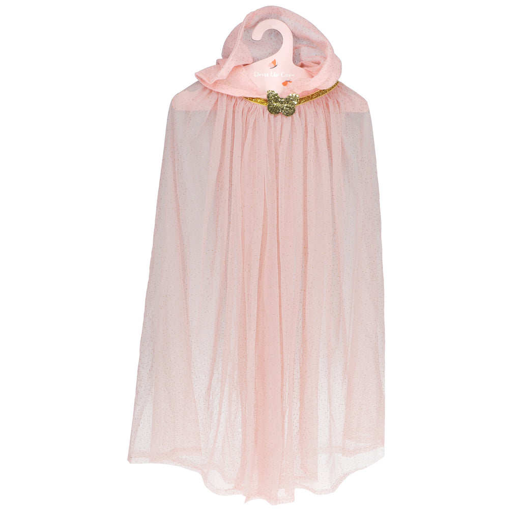 A sheer pink cape with a glittery gold butterfly clasp, hanging on a clothes hanger. The fabric is delicate, creating an elegant and whimsical feel.