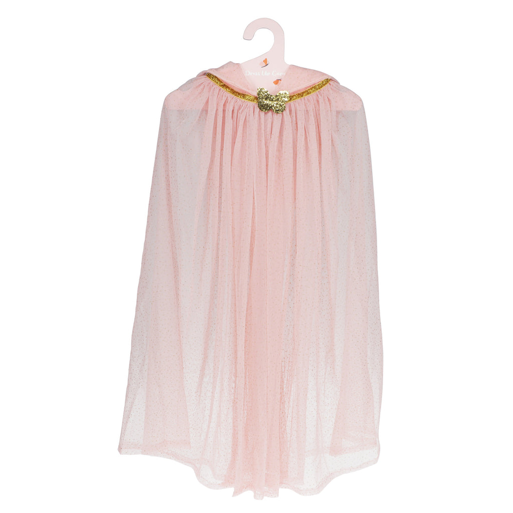 A sheer pink cape with a glittery gold butterfly clasp, hanging on a clothes hanger. The fabric is delicate, creating an elegant and whimsical feel.