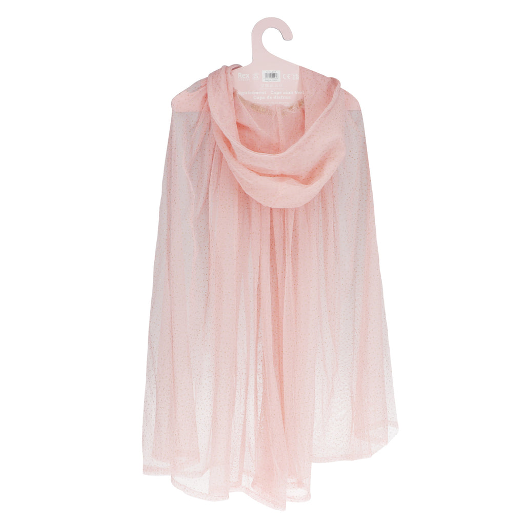 A sheer pink cape with a glittery gold butterfly clasp, hanging on a clothes hanger. The fabric is delicate, creating an elegant and whimsical feel.