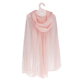 Light pink childrens glitter costume cape with a hood hanging on a pink hanger.