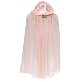 Light pink children's glitter dress-up cape with a hood and a gold sequin butterfly clasp on a hanger.