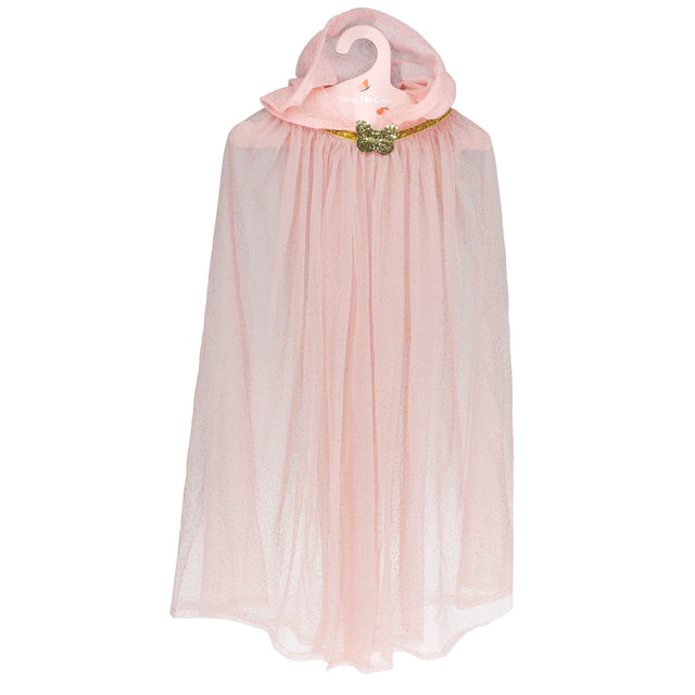 Light pink children's glitter dress-up cape with a hood and a gold sequin butterfly clasp on a hanger.