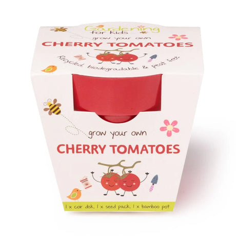 Packaging for a "Grow Your Own Cherry Tomatoes" kit, showing a red bamboo pot and cartoon tomatoes.
