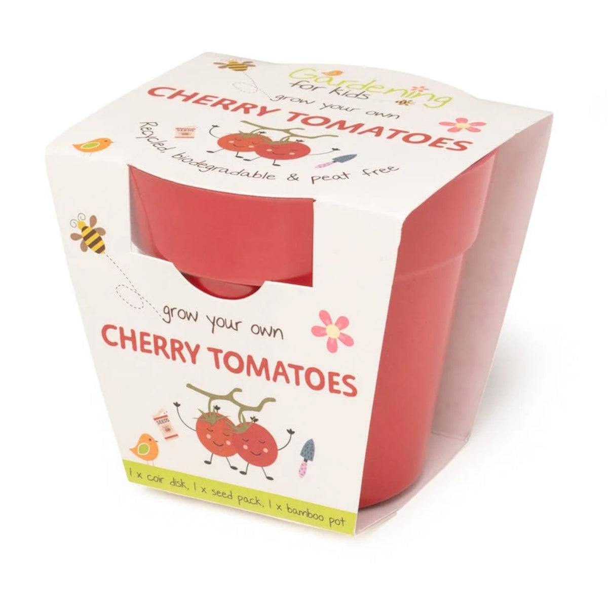 A red bamboo plant pot packaged in a "Grow Your Own Cherry Tomatoes" cardboard kit for kids.