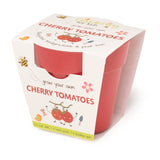 A red bamboo plant pot packaged in a "Grow Your Own Cherry Tomatoes" cardboard kit for kids.