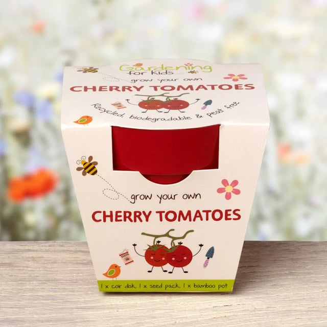 Gardening for Kids 'Cherry Tomatoes' growing kit with a red pot and cheerful cartoon tomato illustrations.