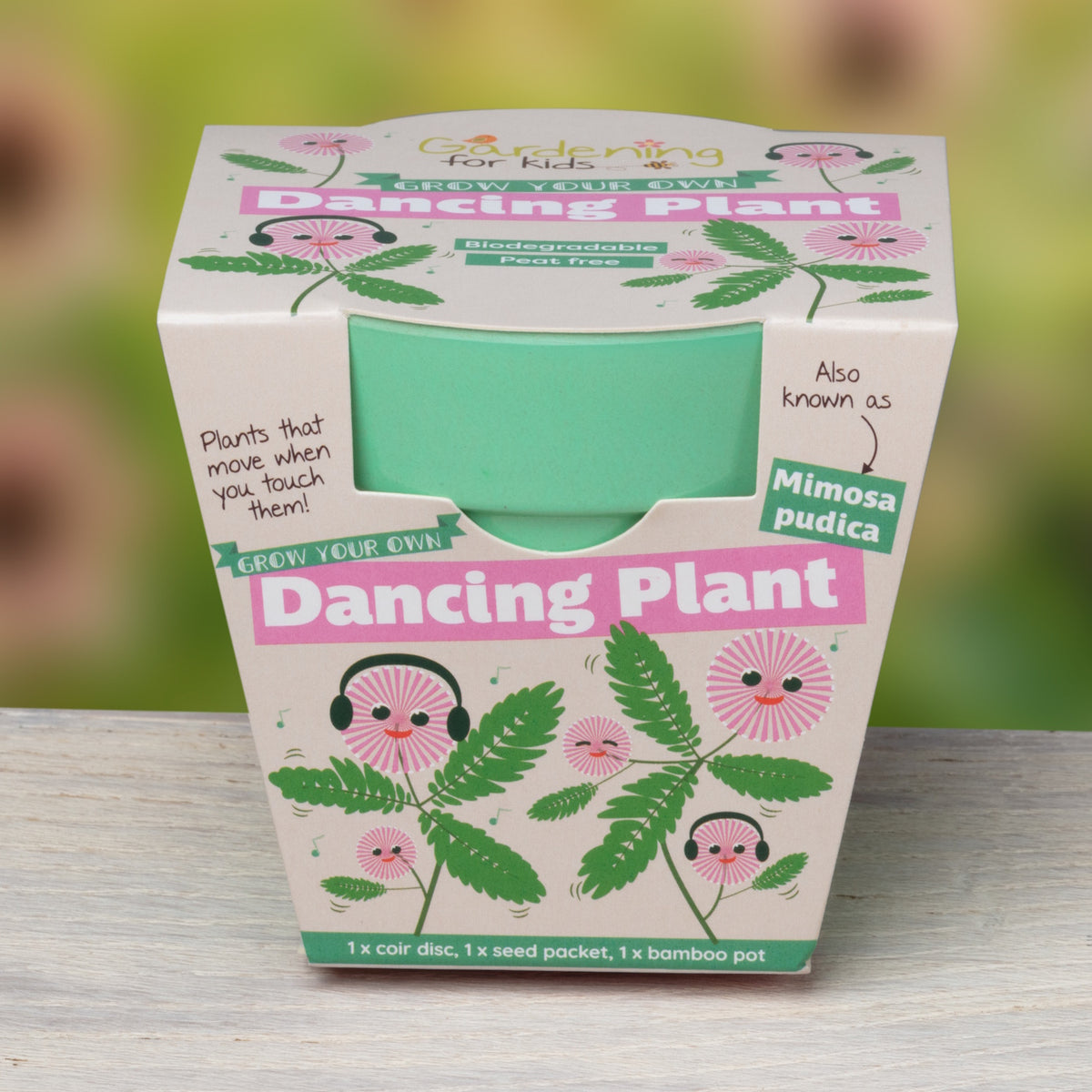 Gardening for Kids 'Dancing Plant' kit with a green pot and cute cartoon plant illustrations.