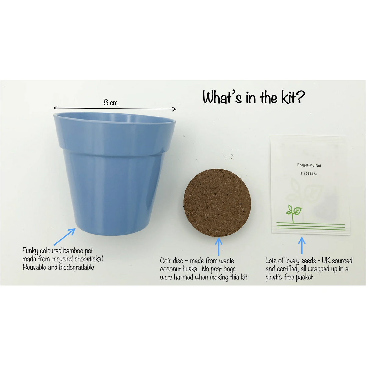 A light blue plant pot, a coconut coir disc, and a Forget-Me-Not seed packet laid out on a white surface.