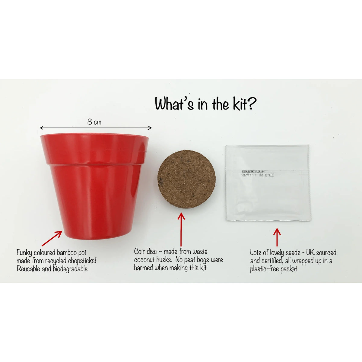 A red plant pot, a coconut coir disc, and a seed packet laid out on a white background.