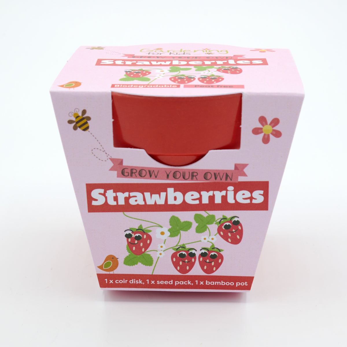 Pink packaging for a "Grow Your Own Strawberries" kit with a red bamboo pot inside.