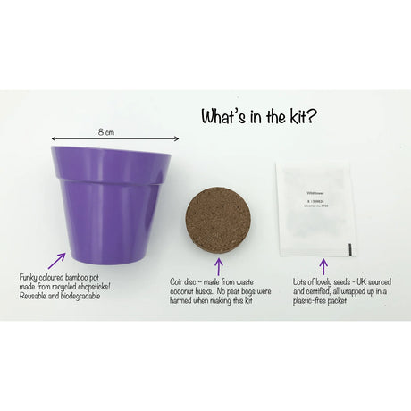 Wildflower growing kit with a purple bamboo pot, a soil coir disc, and a packet of seeds.