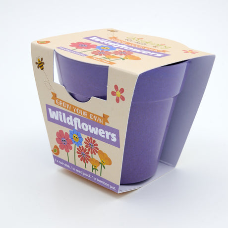 Purple bamboo plant pot encased in cardboard packaging for a children's "Grow Your Own Wildflowers" kit.