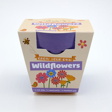 Packaging for a "Grow Your Own Wildflowers" kit, showing a purple bamboo pot and cartoon smiling flowers.