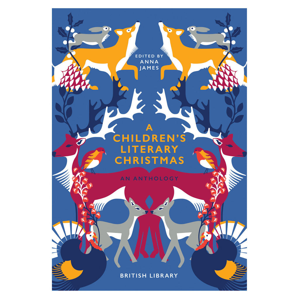 Book cover titled “A Children’s Literary Christmas: An Anthology.” Features stylized deer, foxes, and birds in festive colors on a blue background.