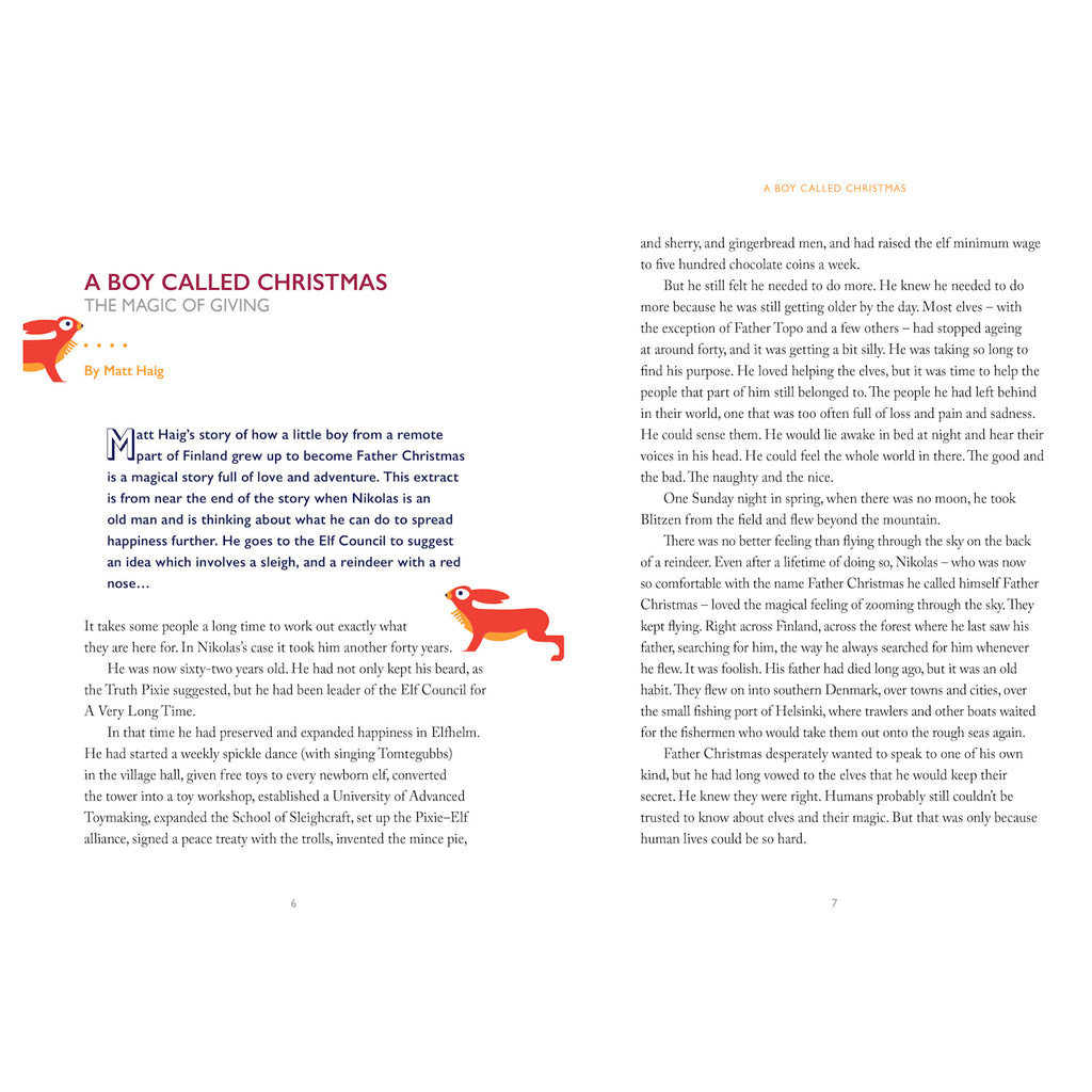 Two pages from "A Boy Called Christmas" by Matt Haig. The left page features the title and author in red text with a decorative red and white reindeer image. The text begins with a large, ornate capital 'M'. The narrative discusses a boy from Finland who grows up to be Father Christmas, describing themes of love and adventure. The tone is magical and festive.