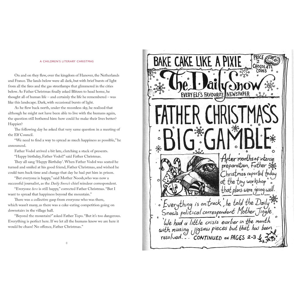 A vintage-style newspaper titled "The Daily Snow" features "Father Christmas's Big Gamble" headline and illustration of Father Christmas with toys. Decorated with snowflakes, it conveys a nostalgic holiday atmosphere. The opposite page has narrative text about Father Christmas spreading happiness.