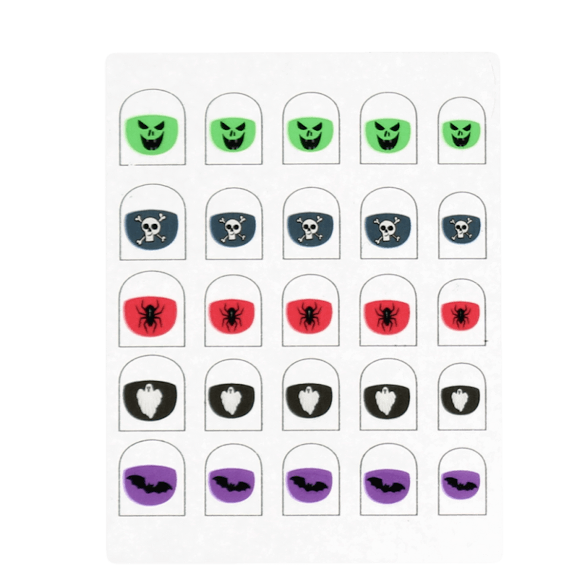 Sheet of 25 Halloween nail stickers with green faces, skulls, spiders, ghosts, and bats.