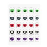Sheet of 25 Halloween nail stickers with green faces, skulls, spiders, ghosts, and bats.