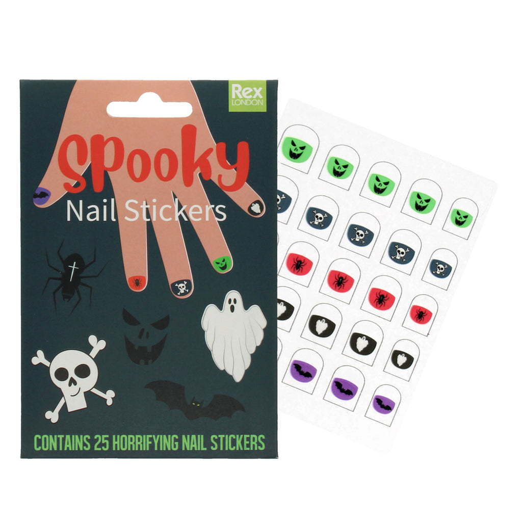 Packaging of "Spooky Nail Stickers" showing a hand with Halloween-themed designs. Includes skulls, ghosts, spiders, and bats. Contains 25 stickers.