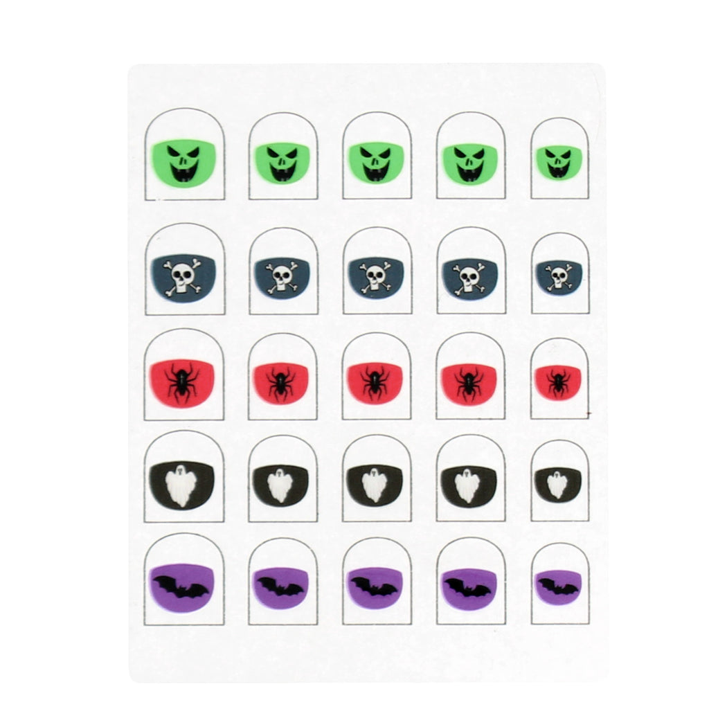 Halloween-themed nail stickers with green skulls, blue skulls, red spiders, white ghosts on black, and purple bats, set in a grid on white background. Spooky vibe.
