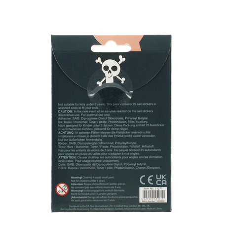 Back view of packaging for 25 Halloween nail stickers featuring safety information and product details.