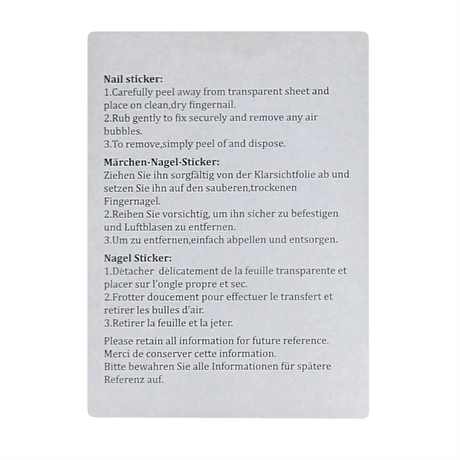 Instruction sheet showing application and removal directions for nail stickers in multiple languages.