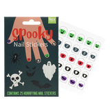 Pack of Halloween nail stickers alongside a sheet of 25 spooky nail decals.