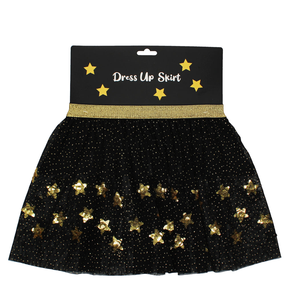 Black skirt with gold waistband, adorned with shiny gold star patterns and small dots, labeled "Dress Up Skirt" with stars on the packaging.