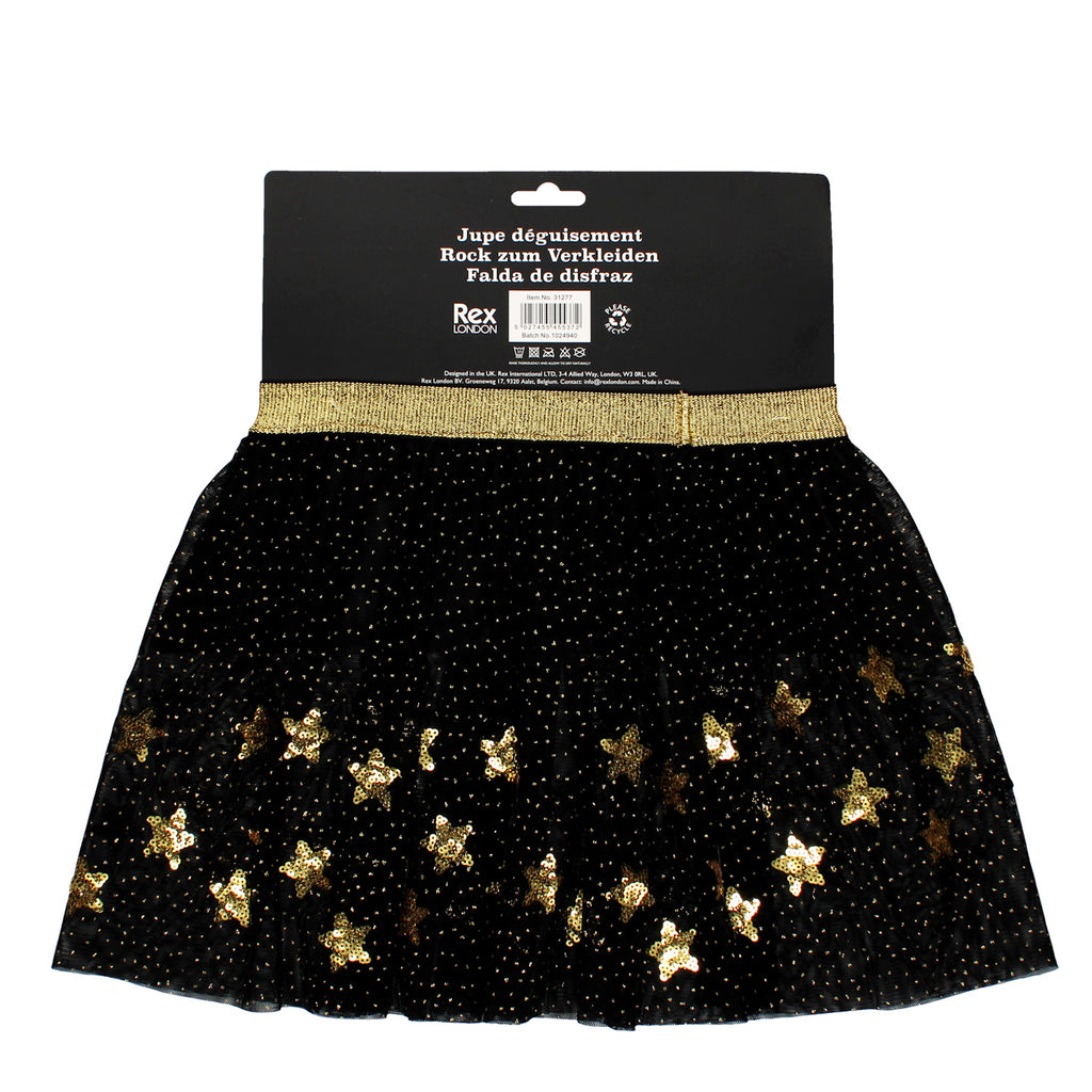 Black skirt with gold waistband, adorned with shiny gold star patterns and small dots.