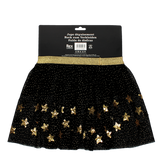 Back view of a black tulle dress-up skirt with a gold elastic waistband and sequin stars.