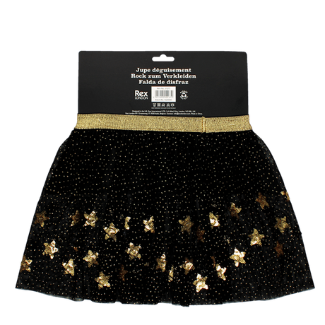 Back view of a black tulle dress-up skirt with a gold elastic waistband and sequin stars.