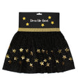 Black dress-up tulle skirt with a gold elastic waistband and sparkling gold sequin stars.
