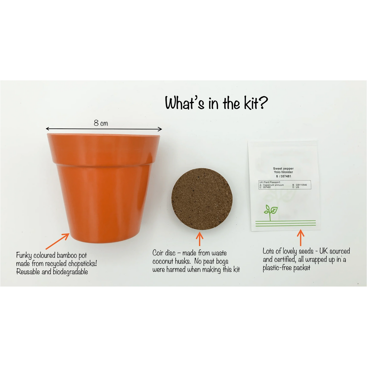 Sweet pepper growing kit with an orange bamboo pot, a soil coir disc, and a packet of seeds.