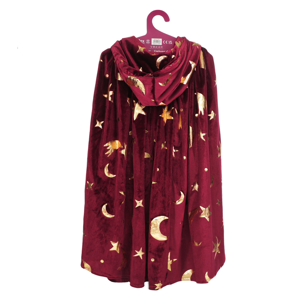 A rich burgundy wizard cape adorned with golden stars and moons, hanging on a hanger. The cape has a hood, evoking a mystical and magical feel.