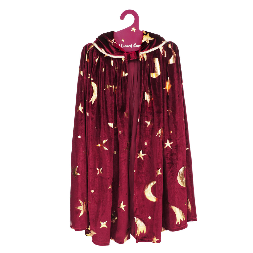 A rich burgundy wizard cape adorned with golden stars and moons, hanging on a hanger. The cape has a hood, evoking a mystical and magical feel.