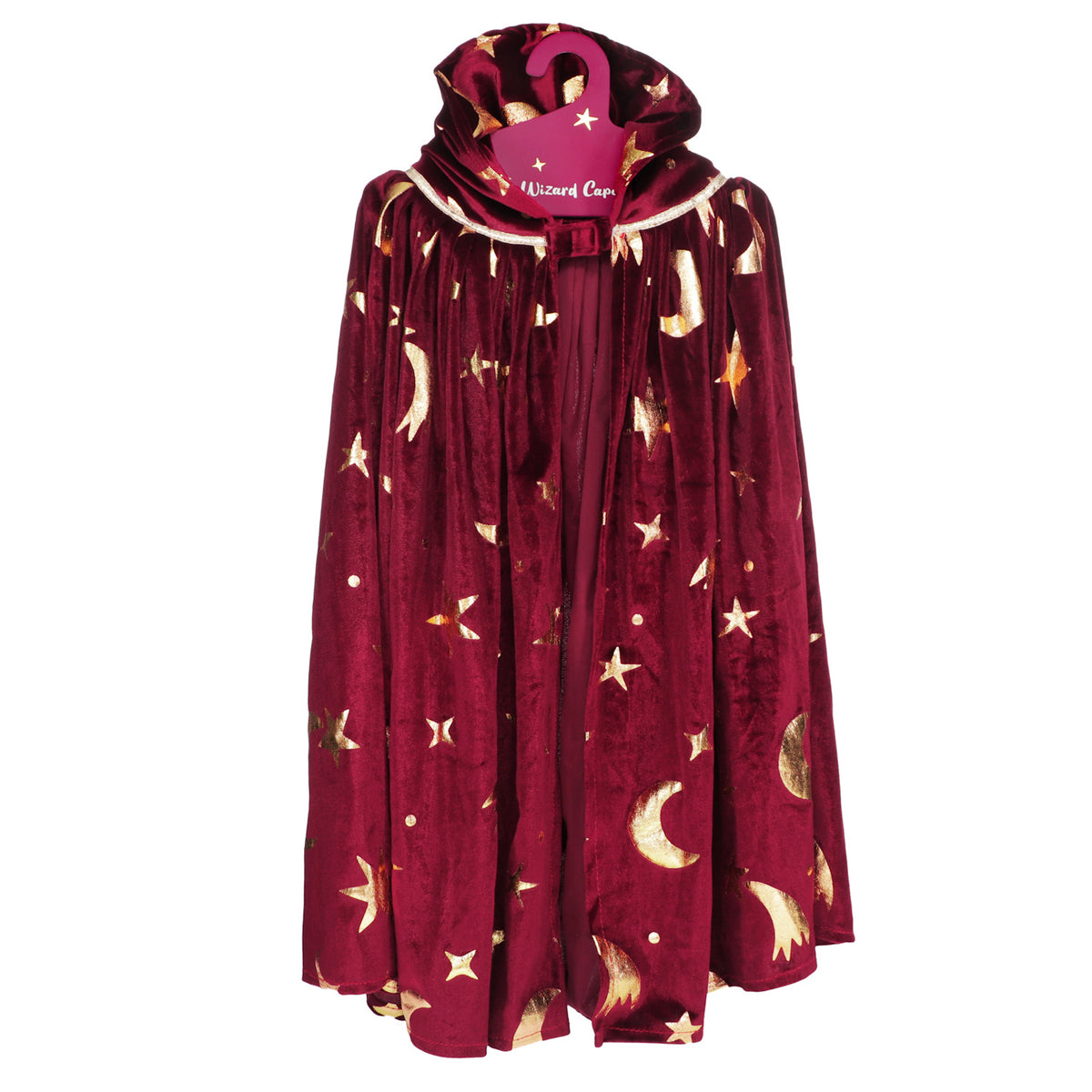 Child's velvet wizard cape in burgundy with gold foil stars and crescent moons, hanging on a pink hanger.