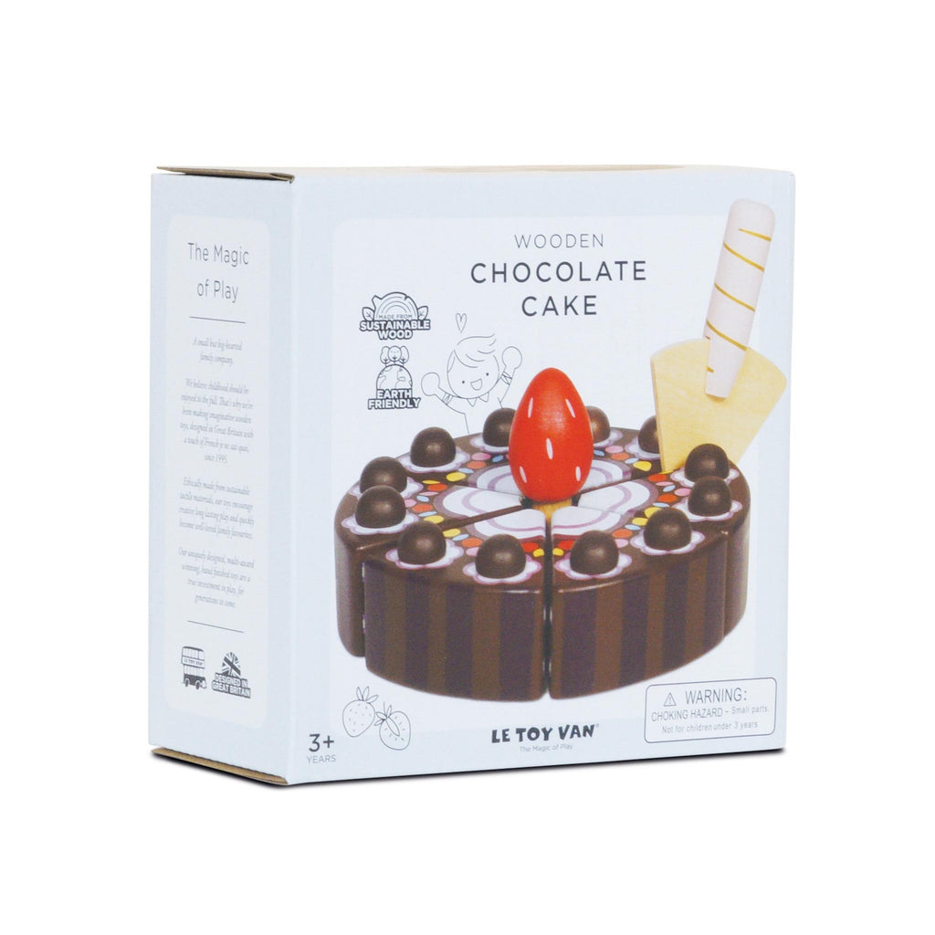 Box displaying a toy wooden chocolate cake with colorful toppings. Illustrations highlight eco-friendly materials. Labeled for ages 3 and up.