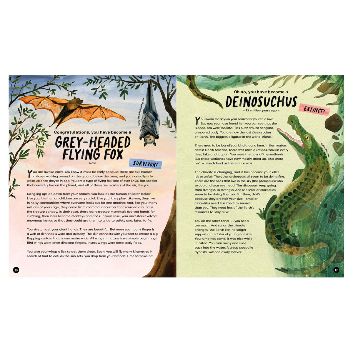 Open book spread showing a Grey-headed Flying Fox bat and a prehistoric Deinosuchus crocodile with "Survivor" and "Extinct" labels.