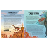 Open book spread with illustrations of an Eodromaeus dinosaur and a Lined Chiton mollusk from an evolution themed book.