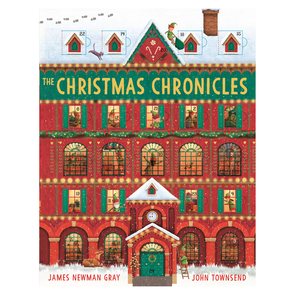 Festive advent calendar with a red-brick, snow-topped building. Windows numbered 1-24, colorful with elves inside. Joyful holiday atmosphere.